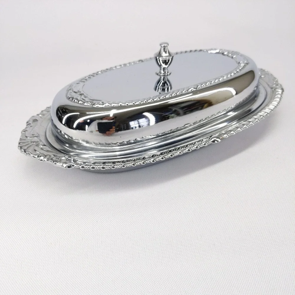 vtg Danny Wilson Original Butter Dish Chrome Plated‎ Glass Liner Repousse Lid